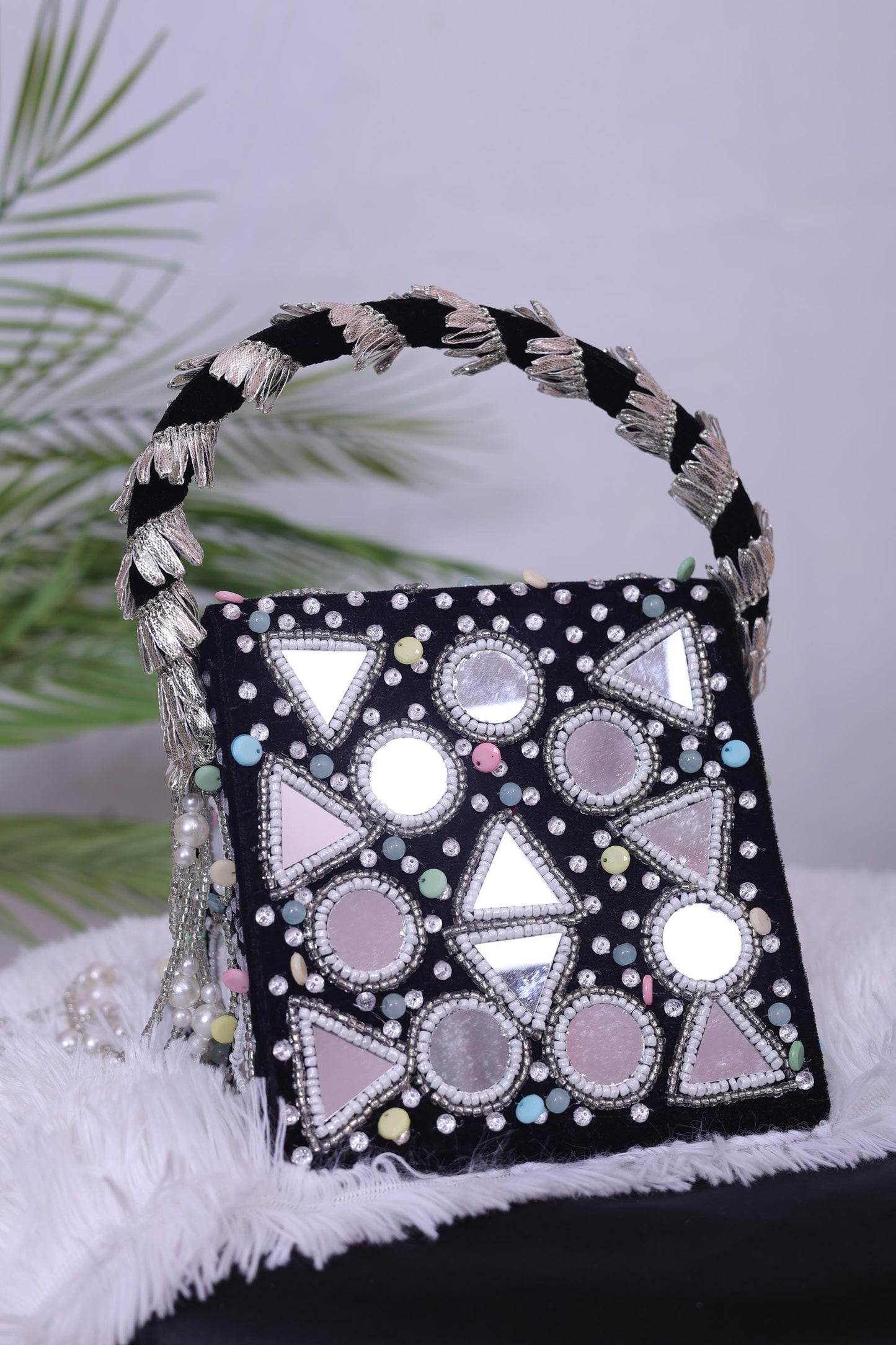 Handmade Mirror Work Clutch Bag with Pearls | Wedding Clutch | Boho Bridal Gift | Black & White Beaded Purse | Luxury Party Bag for Women