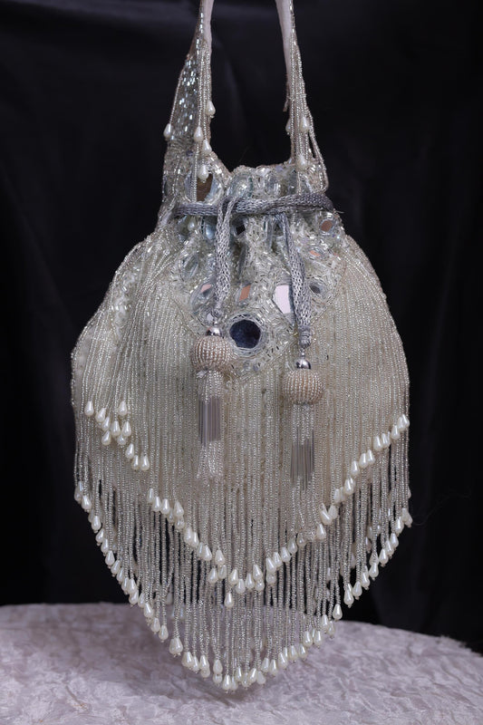 Luxury Silver Beaded Pearl White Potli Bag | Handmade Bridal Purse | Indian Evening Handbag for Weddings, Parties & Special Occasions