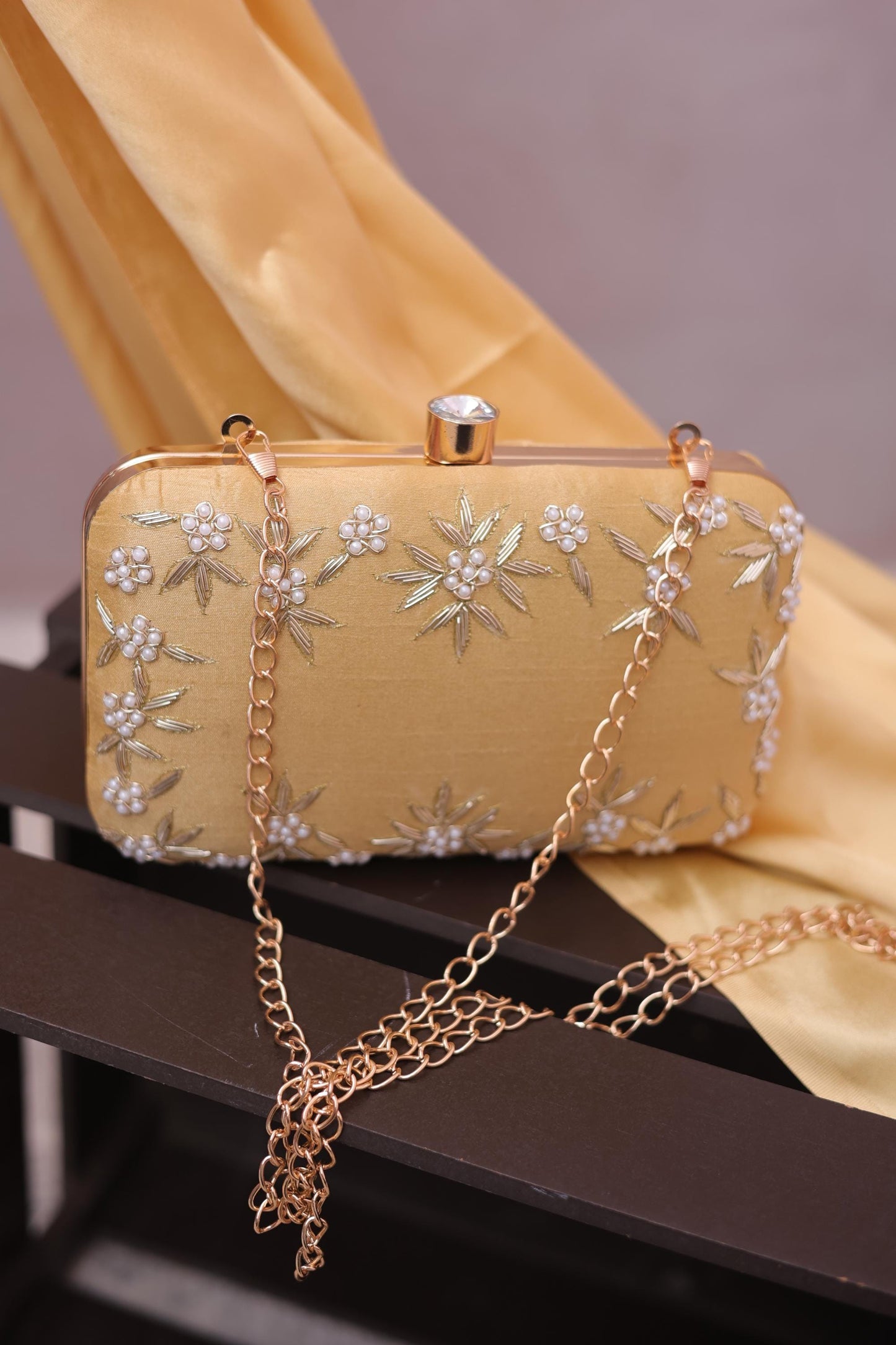 Gold Embroidered Clutch Bag | Pearl Beaded Evening Purse | Handmade Potli Box Bag for Wedding, Party & Bridesmaid Gift
