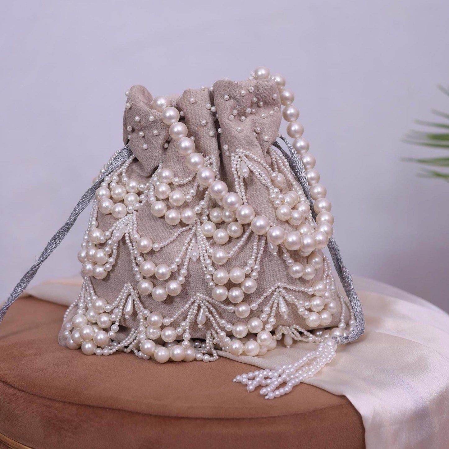Luxury Pearl Beaded Potli Bag -Both Side| Handcrafted Beige Evening Clutch | Indian Wedding Purse | Bridal Party Bag | Handmade Gift for Her