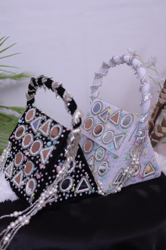 Handmade Mirror Work Clutch Bag with Pearls | Wedding Clutch | Boho Bridal Gift | Black & White Beaded Purse | Luxury Party Bag for Women