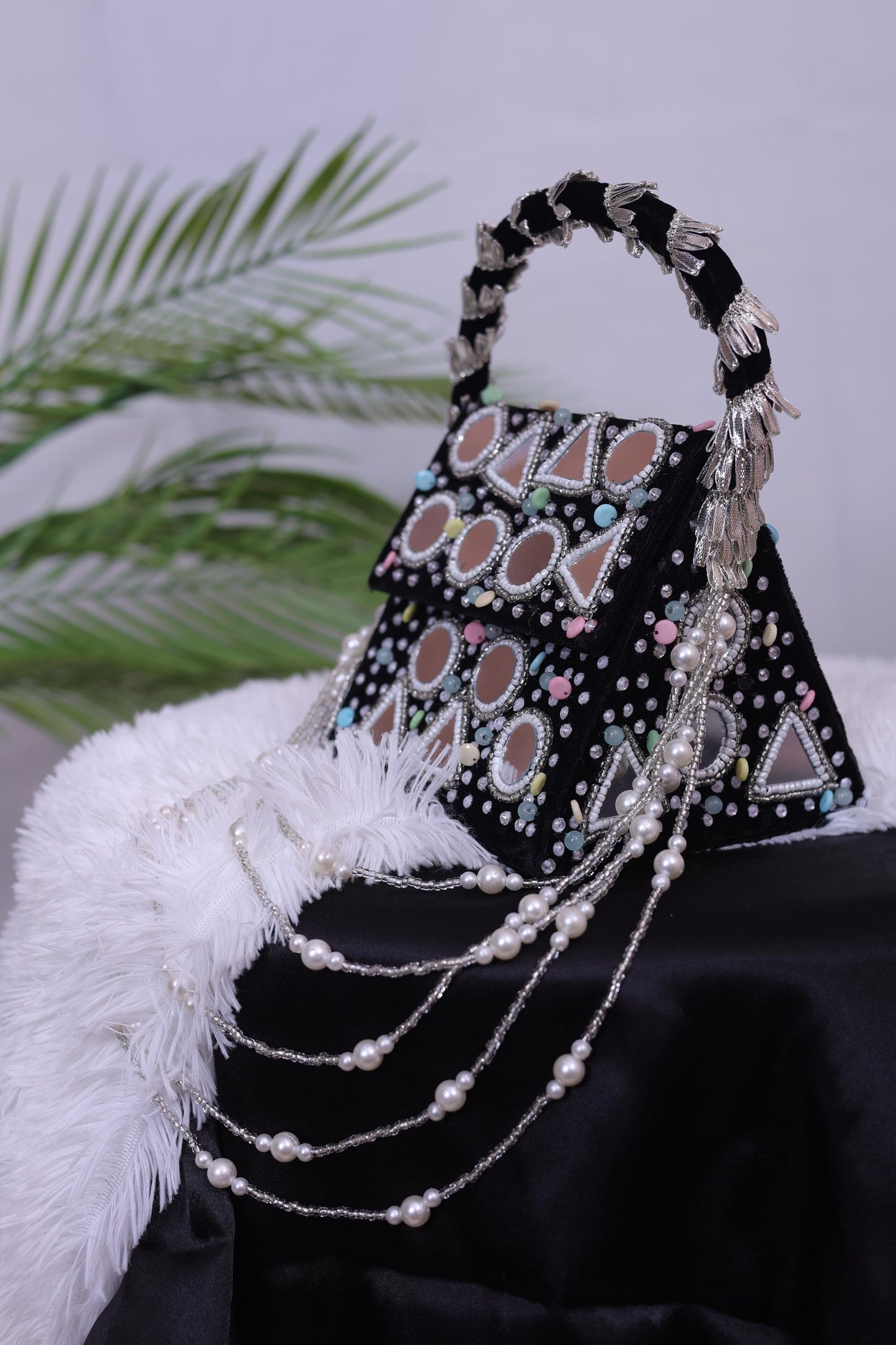 Handmade Mirror Work Clutch Bag with Pearls | Wedding Clutch | Boho Bridal Gift | Black & White Beaded Purse | Luxury Party Bag for Women