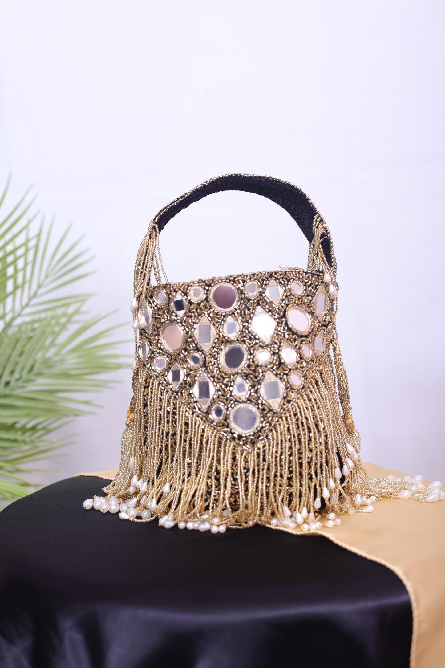 Luxury Gold Beaded Pearl Black Potli Bag | Handmade Bridal Purse | Indian Evening Handbag for Weddings, Parties & Special Occasions