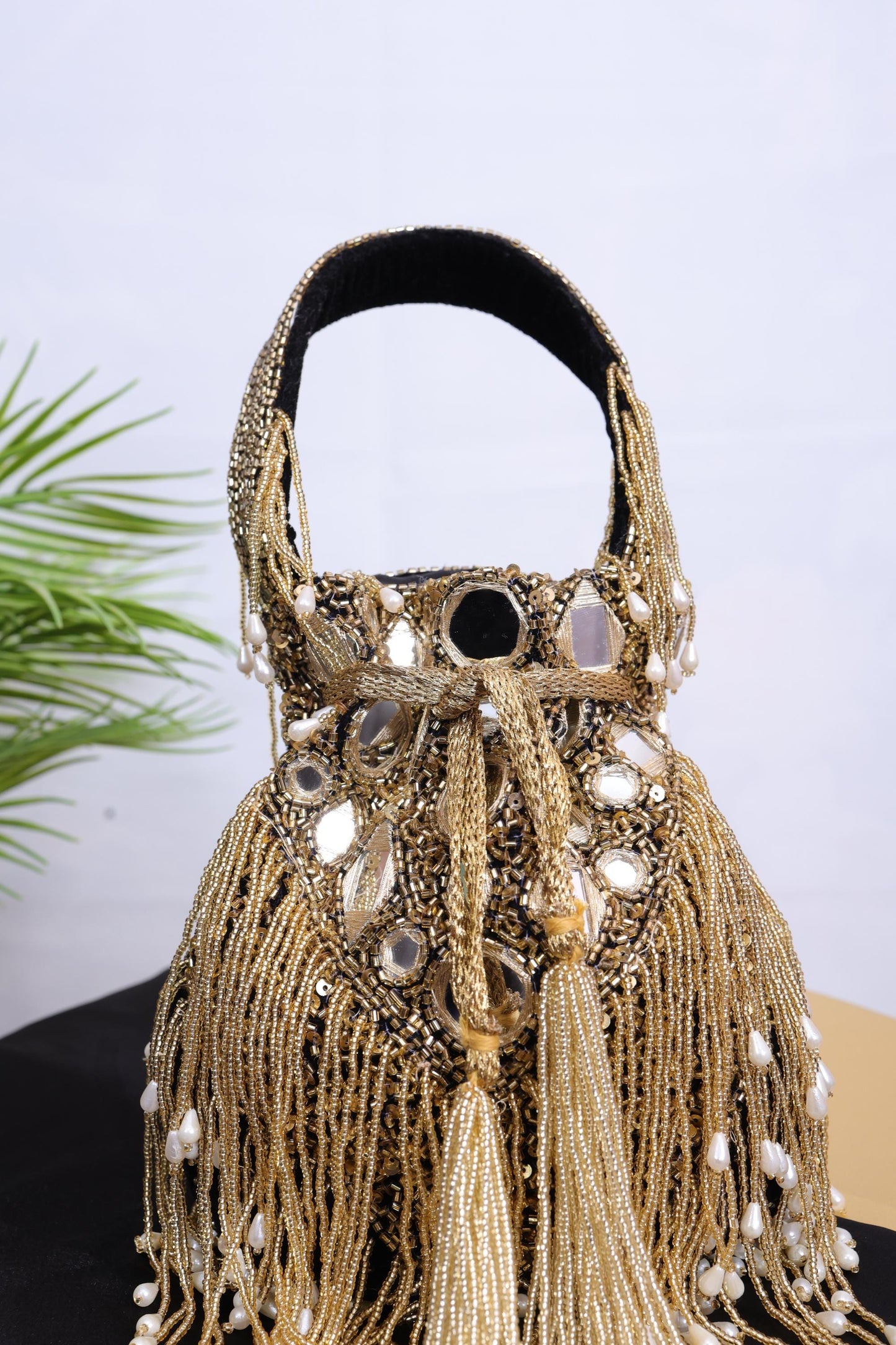 Luxury Gold Beaded Pearl Black Potli Bag | Handmade Bridal Purse | Indian Evening Handbag for Weddings, Parties & Special Occasions