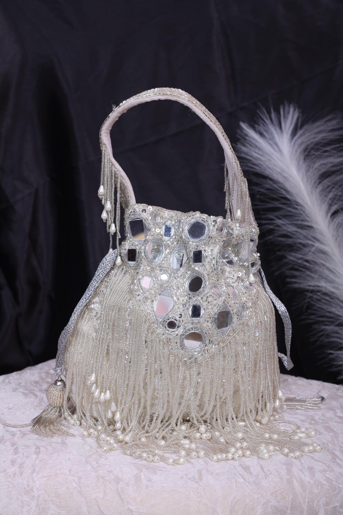 Luxury Silver Beaded Pearl White Potli Bag | Handmade Bridal Purse | Indian Evening Handbag for Weddings, Parties & Special Occasions