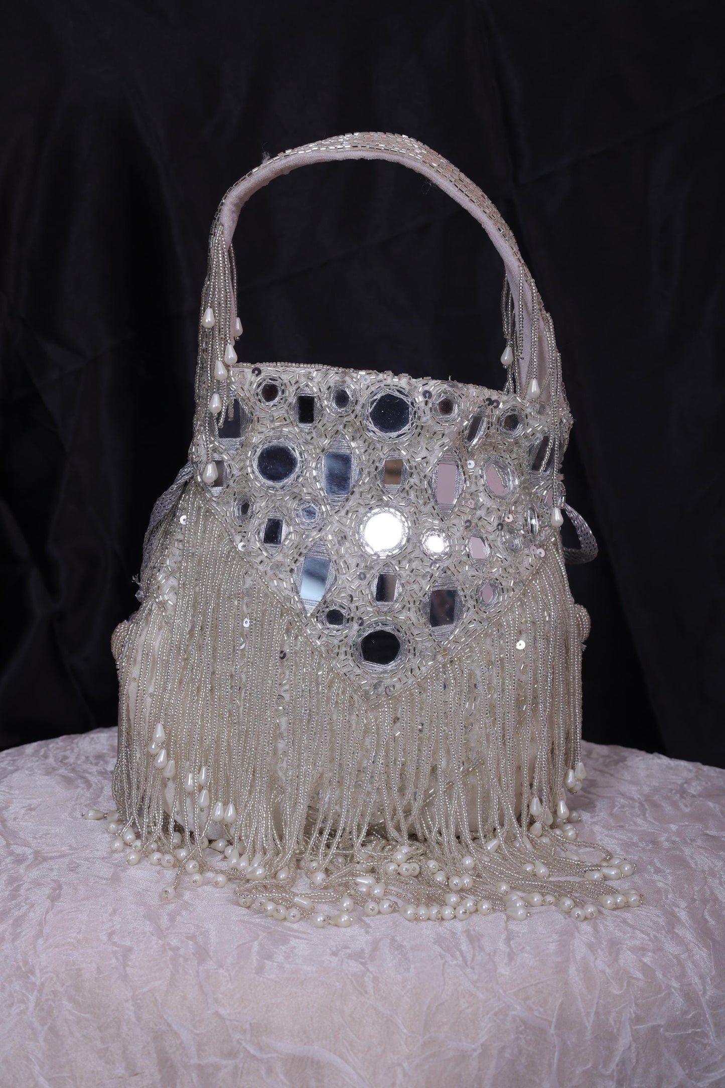 Luxury Silver Beaded Pearl White Potli Bag | Handmade Bridal Purse | Indian Evening Handbag for Weddings, Parties & Special Occasions