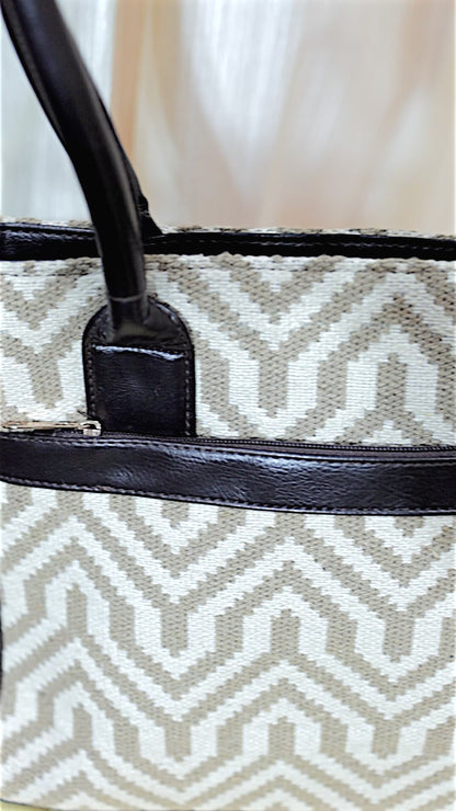 Beige Geometric Tote Bag with Zipper Pouch | Handmade Fabric Shoulder Bag for Daily Use, Work & Travel