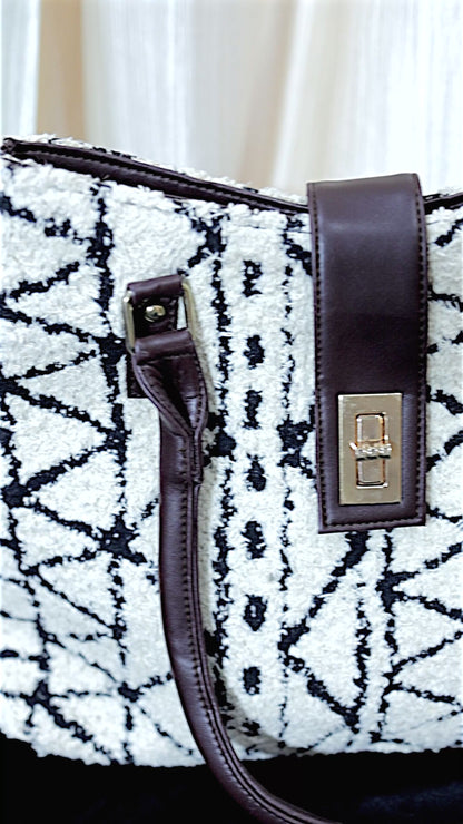 Black & Ivory Textured Tote Bag with Lock Closure | Handmade Geometric Fabric Shoulder Bag with Zipper Pouch